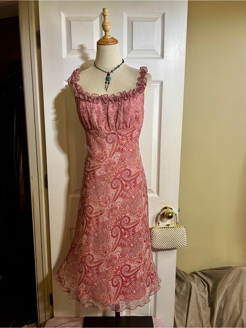Mix It Vtg Y2K Pink Paisley Chiffon Sheer Satin Ruffle Babydoll Midi Dress 14